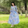 Verão vestido longo retrô flor impressão alta cintura emagrecimento impressão solta rodada pescoço casual 210531