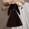 秋の冬のビンテージドレス女性スリム長袖AラインオフィスウェアローブレディースエレガントなベルベットのMidi Dresses vestidos 210525