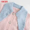 Tangada Women Pink Beading Buttons Knitted Cardigan Sweater Jumper Vintage Female Peter Pan Collar Outerwear 3H152 210609