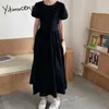 Yitimuceng Midi Dressesの女性夏の韓国のファッションレースアップカジュアルなドレスショートパフスリーブアプリコットホワイトブラックサンドレス210601