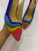 2021 Färgglada sandaler Kvinnor Peep Toe Sexig Slim Grunt Party Skor Chunky Square High Heel Walking Footwear Rainbow Sandalias