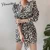 Yitimuceng leopard klänningar för kvinnor spets upp mode hög midja vintage klänning puff ärm svart sundress vår sommar 210601