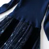 Casual Dresses Plus Size Women Autumn Mesh Tutu Dress Elegant 3/4 And Long Sleeve Patchwork Knitted Sweater 2021 Navy Blue XXL 3XL