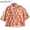 Floral Impressão Mulheres Denim Camisa Verão Moda Curta Manga Surpreenda Botão Botão Frente Casual Feminino Loose Bluses 210604