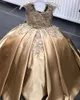 Gouden bloem meisje jurken voor bruiloft kant applique satijn kinderen verjaardagsfeestje jurk gezwollen lange trein prinses kleine meisje Pageant toga peuter formele jurk al9813