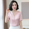 Korean Silk Women Blouses Shirt V-neck Woman Satin Solid Tops Plus Size Blusas Femininas Elegante 210531