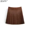 Zevenity Dames Vintage Hoge Taille PU Lederen Geplooide Mini Rok Faldas Mujer Dames Front Buttons Casual Merk Chique Rokken QU689 210629