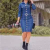 Casual Dresses Women Vintage Long Sleeve Button Up Knee Length Pencil Denim Dress Active Wear Bodycon Midi Jeans Belt Vestidos
