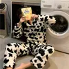 Qweek veludo vaca imprimir pijama mulher inverno quente dois pedaço set sleepwear pajama despeje femme lounge vestir calças tutas engrossar 211211