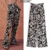 Pseewe dames broek za riem zwart print hoge getailleerde broek voor vrouwelijke vintage baggy rechte wijde beenbroek vrouw ritsvlieg q0801