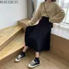 WERUERUYU Velvet Woolen Umbrella Long Skirt Women Autumn Winter Elastic Band High Waist Warm Skirt Black Office Skirt 210608