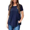 夏ソリッドカラー半袖女性Tシャツカジュアルルース不規則裾Oネックボタンストリートウェアプラスサイズ女性ティーシャツ210608
