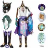 Genshin Impact Xiao Cosplay Kostym Kimono Uniform Skor Paryk Mask Cosplay Anime Game Halloween Kostymer För Män Kvinnor Y0903