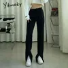 Yitimoky Slit Leg Black Flare Pants Women Office Lady Full Length Clothes Solid Straight Vintage Streetwear Work Spring 211124
