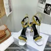 Neue europäische Damensandalen, 10 cm hoher Riemen, Hardware-Dekoration, modische Sandalen, Hochzeitsfeier-Schuhe, offizielle Schuhe, verschiedene Farben, 35–41, mit Rahmen