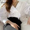 Yitimuceng Camicetta bianca Donna Oversize Office Lady Casual Top Moda coreana Manica lunga a lanterna Primavera Albero commestibile Fungo 210601