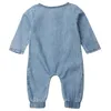 Printemps automne bébé vêtements à manches longues barboteuse denim solide combinaison poche tenues nouveau-né enfants bébé fille garçon vêtements 210312