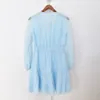 2021 Autumn Long Puff Sleeve V Neckline Sky Blue Dress French Style Solid Color Panelled Buttons Knee-Length Dresses G127046