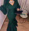 Élégant vert foncé sirène robes de soirée Satin bouffant manches longues col en V formelle robes de bal Robe De Soir￩e 2022 étage longueur occasion spéciale robe porter