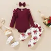 Ensembles de vêtements Born Girl Automne Tenues 9 mois Vêtements de bébé Solide Rose Jaune Volants à manches longues Romper Floral Print Pantalon Bandeau Ensemble