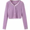 Moda Donna Ragazza Semplice Doppio Strato Primavera Sexy Viola Falso Due Mostra Ombelico Maglione Lavorato A Maglia Womans Q003 210603