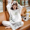 Caiyier Autumn Winter Cotton Cartoon Pyjamas Set Cotton Long Sleeve Top Long Pant Woman Sleepwear Cute Leisure Homewear Female 201114