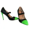 Handgjorda riktiga bilder Kvinnor Stiletto Högklackat Klänning Skor Mary Janes Patchwork Leather Pointed-Toe Evening Party Prom Fashion Court Pumps Black Green D753-1