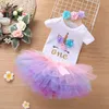 4 Colors Baby letter cartoon horse outfits girls floral headband + romper +TuTu lace skirts 3pcs/set Boutique kids party Clothing Sets M3315