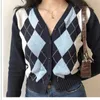 Vintage Geometrische Argyle Sweater Cardigan Vrouwen Herfst Knit Lange Mouw V-hals Bovenkleding Elegante Gebreide Dames Sweaters 210918