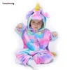 Flickor kläder barn guld horn unicorn pyjamas kigurumi tecknad djur rosa licorne onesie sleepers pojke halloween kostym jumpsuit 210908