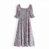 Vrouwen Sundress Zomer Mode Bloemen Prints Slash Neck Short Puff Sleeve Moderne Dame Shirred Bust Midi Dress 210602