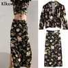 Klkxmyt conjunto de dos piezas mujer moda chic estampado floral pliegues blusa corta blusas midi falda larga 2 conjuntos 210527