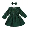 Citgeett Spring Autumn Infant Baby Girls Dress Headband 2pcs Solid Ruffles Long Sleeve Bowknot Button A-Line Dress Q0716