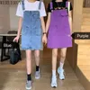 WERUERUYU Women's Retro Suspender Jean Skirt With Pocket Summer High Waist Ripped Strap Overalls Hole Denim Skirt Female 210608