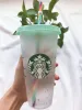 Mermaid Starbucks 24 unz/710 ml Kubek Zimny ​​kolor Zmiana tęczy wielokrotnego użytku Picie Płaska dolna kubek Filar Kształt Kubek Słomka Kubek Bardian 5pcs