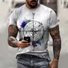 T-shirts pour hommes Carte nautique Boussole Mode 3D Impression créative à manches courtes Tough Guy Style musculaire Chemise de fête Street Punk Goth Col rond Été