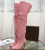 レディースウィンターセクシーファッションキャンバス背の高い膝のブーツ女性古典的なシープスキンシューズヒールブーツメッドヒールギフトシューズボックス11