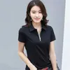 T shirt women black white plus size zipper short sleeve tops summer Korean slim lapel collar chic shirts feminina LR795 210531