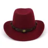 Western Cowboy Hat European US Wide Brim Woolen Jazz Hat med läder dekorerade trilby fedora hatt storlek 56-58cm