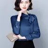 Koreańskie jedwabne kobiety Bluzki Kobiety Koszulki z długim rękawem Bluzka Elegancka kobieta Bow Satynowa koszulka Plus Size Blusas Mujer de Moda 210308