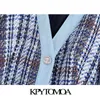 KPYTOMOA Femmes Mode avec chaîne Ceinture Patchwork Denim Tweed Veste Manteau Vintage Manches Longues Poches Femelle Survêtement Chic Tops 211126