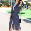 Summer Loose Chiffon Cardigan Women's Beach Style Sun-Proof Long Shirts Stripe Floral Print Air-conditioned Blouse 9126 50 210527