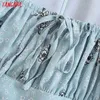 Tangada Yaz Kadın Mavi Çiçekler Baskı Fransız Tarzı Uzun Elbise Puf Kısa Kollu Bayanlar Sundress 3H435 210609