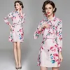 Autumn Elegant Skirts 2 Pieces Set Women's Bow blouse Tops Rose Floral Print Sexy Mini Skirt Sets Ladys Suits 210529