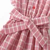 Meri Ammi Dzieci Dziewczyna Lato Nastolatek Student Dressing Plaid Bowknow Dress Size110-160 cm 4-12 rok q0716