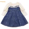 Pretty Princess Höst Patchwork Lace Denim Klänning Toddler Barn Mode Kläder Kids Baby Girls Party Dresses 3-8Y G1026