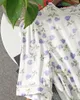 2021夏半袖ラウンドネック紫色の花柄プリントベルトビーズのミッドカーフドレスエレガントなカジュアルドレス21Q082106083