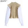 Zevity Women Vintage Puff Sleeve Patchwork Elastic Slim Smock Blouse Office Ladies Sweet Agaric Lace Chic T Shirts Tops LS7157 210603