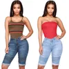 Womens Middle Rise Elastic Denim Shorts Knee Length Curvy Bermuda Stretch Short Jeans 210809