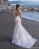 2022 Praia Renda Mangas Compridas Vestidos de Noiva Sereia Apliques Sweep Train Vestido de Noiva Plus Size Vestido de Noiva vestido de novia B255c